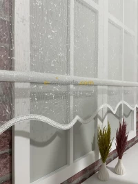 Çiftli Stor - Beyaz Jakarlı Tül Stor Krem Mat Lüks Stor 
