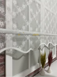 Çiftli Stor - Beyaz Papatya Tül Stor Kırmızı Mat Lüks Stor 