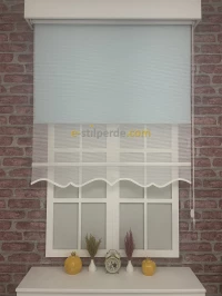 Çiftli Stor - Beyaz Çizgili Tül Stor Mavi Mat Lüks Stor Perde