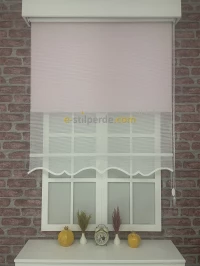 Çiftli Stor - Beyaz Çizgili Tül Stor Pembe Mat Lüks Stor Perde