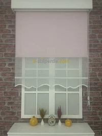 Çiftli Stor - Beyaz Keten Tül Stor Pembe Mat Lüks Stor Perde