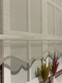 Tek Tül - Beyaz Krem Çizgili Tül Stor